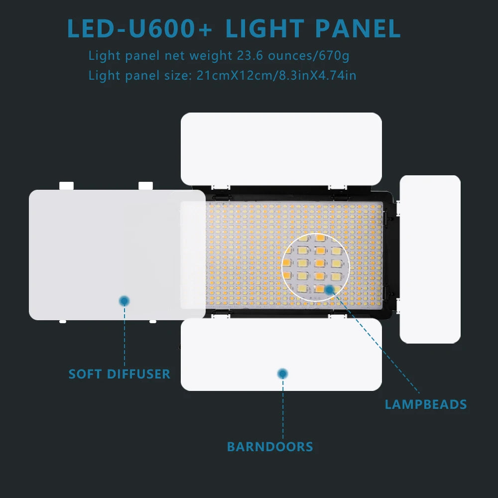 Projecteur Studio Vidéo LED U800+ avec Trépied – Éclairage Bi-Color 2500K-8500K Réglable