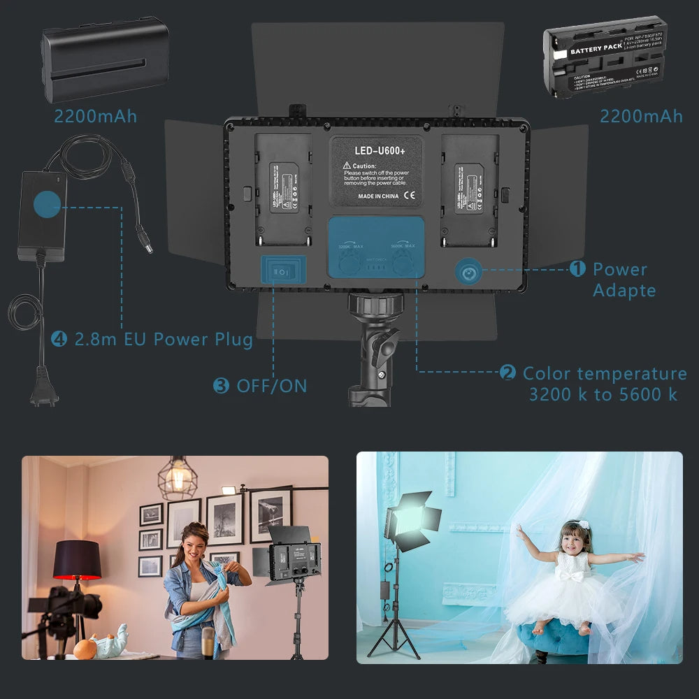 Projecteur Studio Vidéo LED U800+ avec Trépied – Éclairage Bi-Color 2500K-8500K Réglable