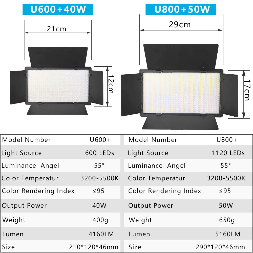 Projecteur Studio Vidéo LED U800+ avec Trépied – Éclairage Bi-Color 2500K-8500K Réglable