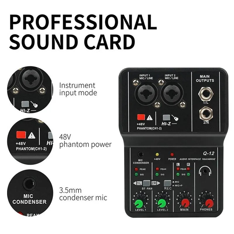 Carte son Mixeur Portable professionnel Q-12 avec phantom 48V