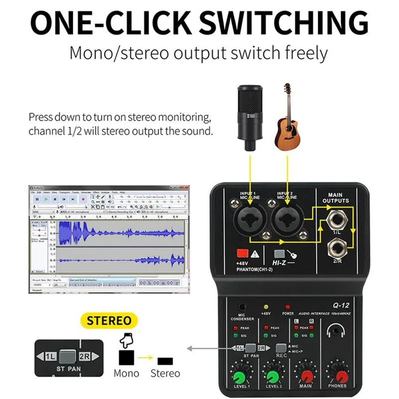 Carte son Mixeur Portable professionnel Q-12 avec phantom 48V