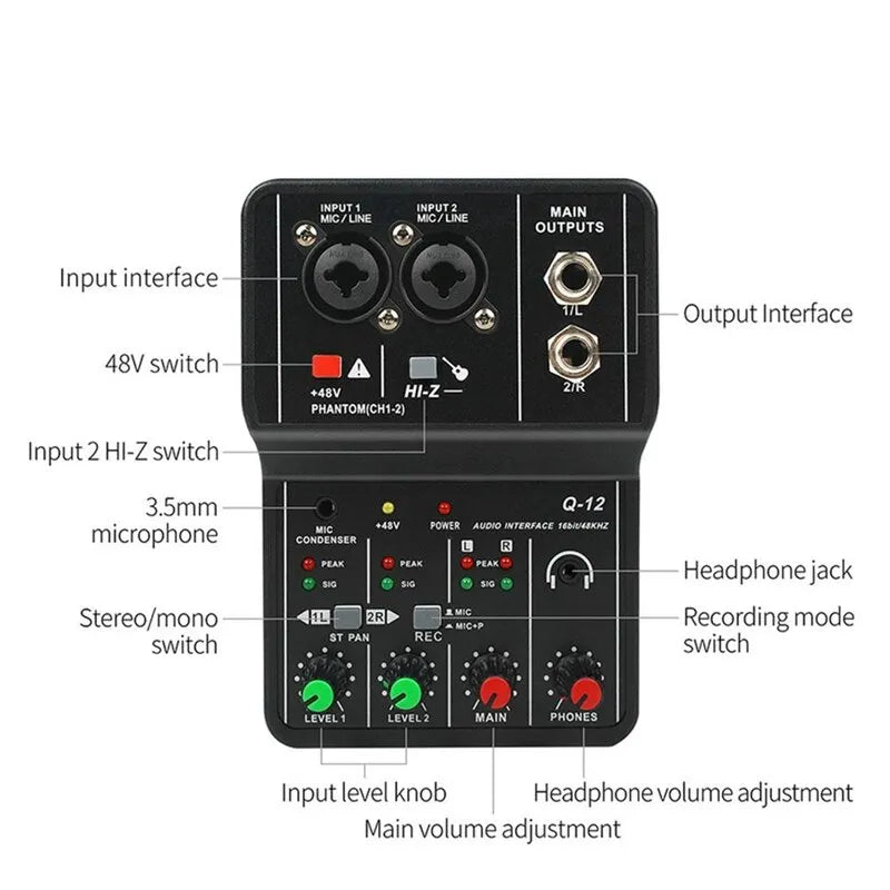 Carte son Mixeur Portable professionnel Q-12 avec phantom 48V