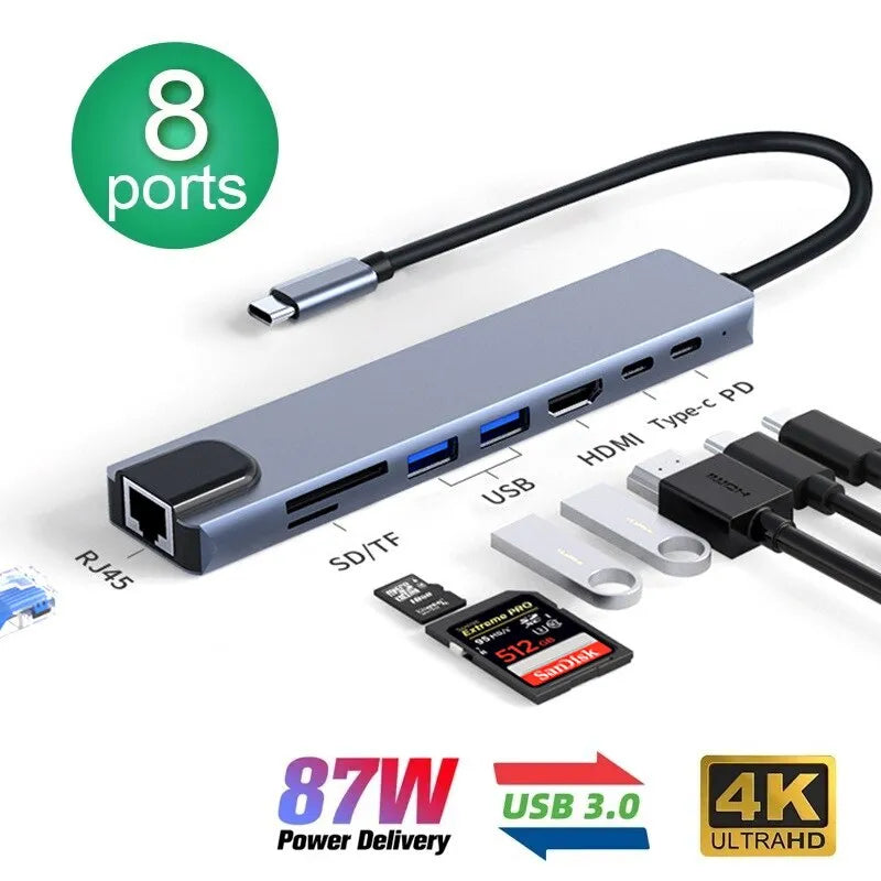 محطة إرساء Thunderbolt 3 مع محور USB-C 8 في 1 ومخرج 4K