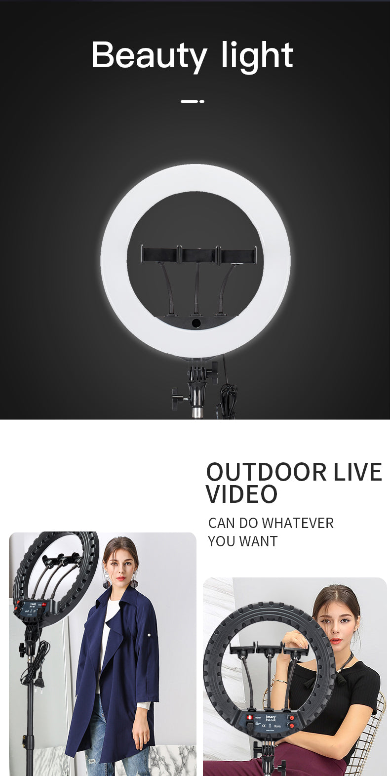 حلقة ضوء احترافية 36 واط - Jmary FM14R 34 سم LED قابلة للتعتيم + حامل ثلاثي 2 م