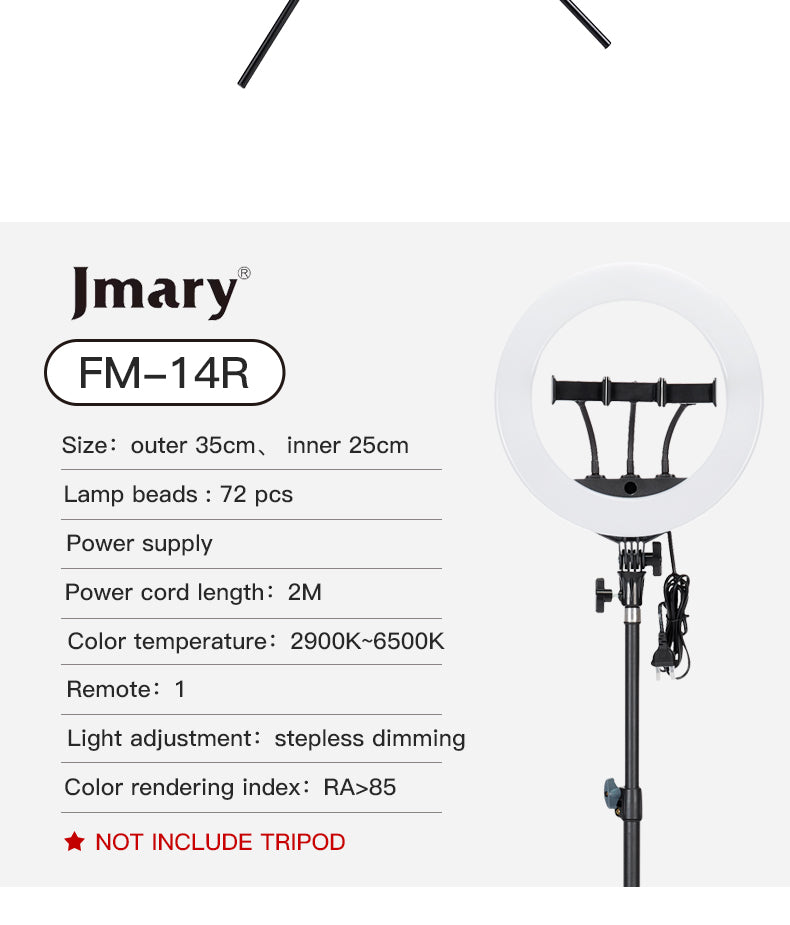 حلقة ضوء احترافية 36 واط - Jmary FM14R 34 سم LED قابلة للتعتيم + حامل ثلاثي 2 م