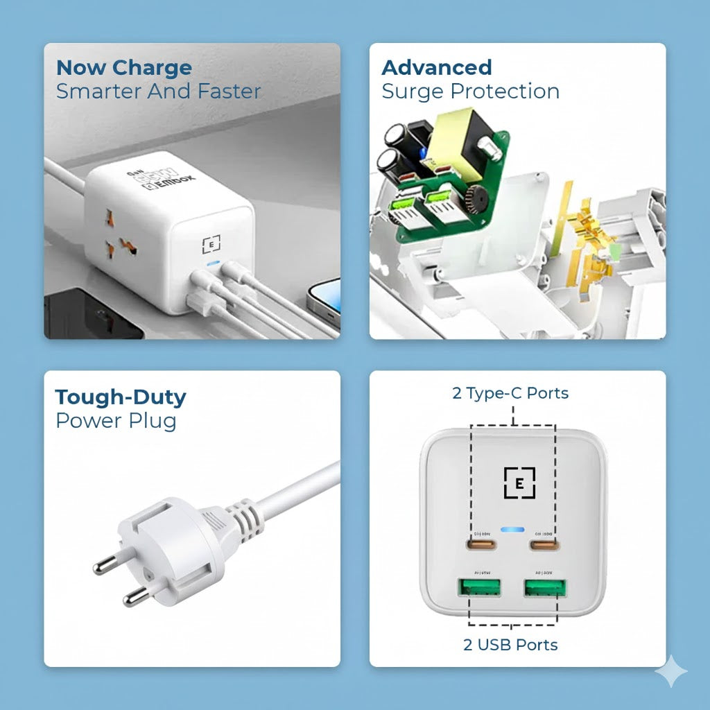 Multiprise GaN 65W W65-01 – 2 Ports USB-A & 2 USB-C avec 2 Prises
