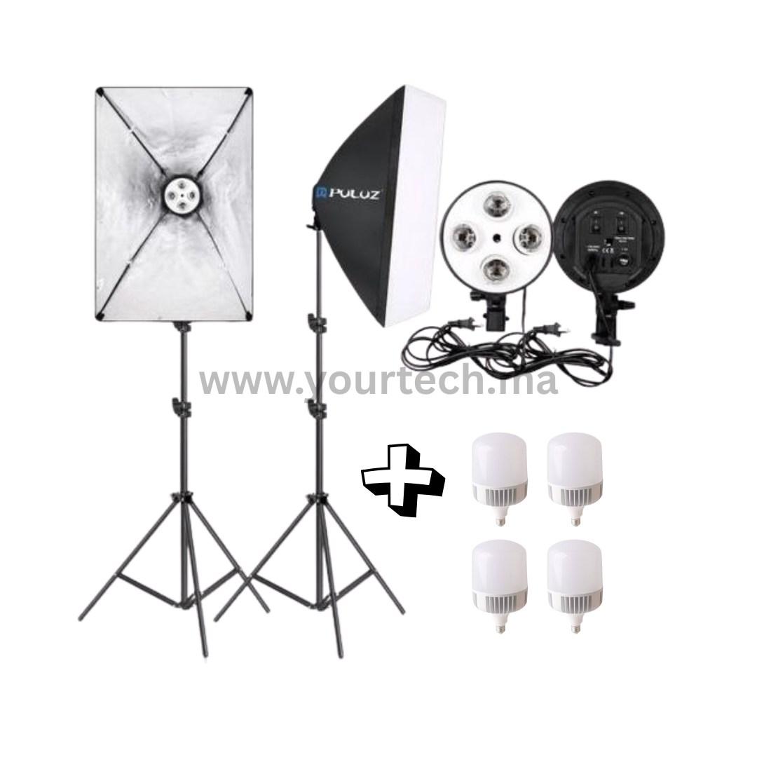 Puluz Softbox 50x70cm – Kit Éclairage Photo/Vidéo avec 4 Lampes de 20W + Trépied 200cm