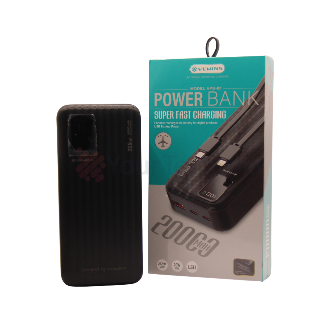 Power Bank 20000mAh Vemins VPB-03 - Charge Rapide 22.5W avec Écran LED