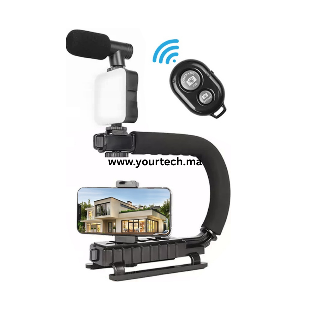 Kit Stabilisateur Vidéo en Forme de C avec Micro, Lumière LED et Support Téléphone
