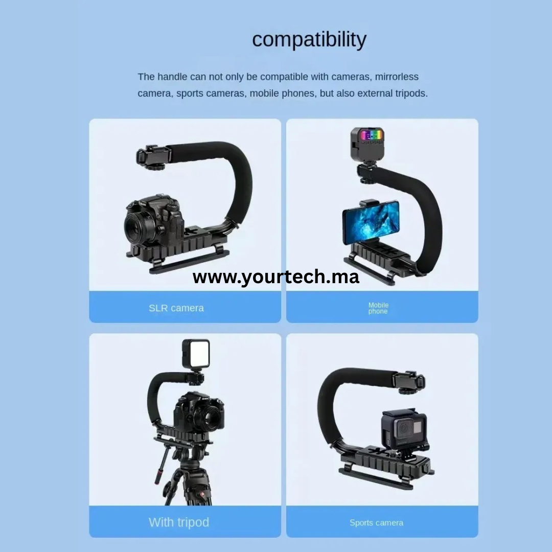 Kit Stabilisateur Vidéo en Forme de C avec Micro, Lumière LED et Support Téléphone