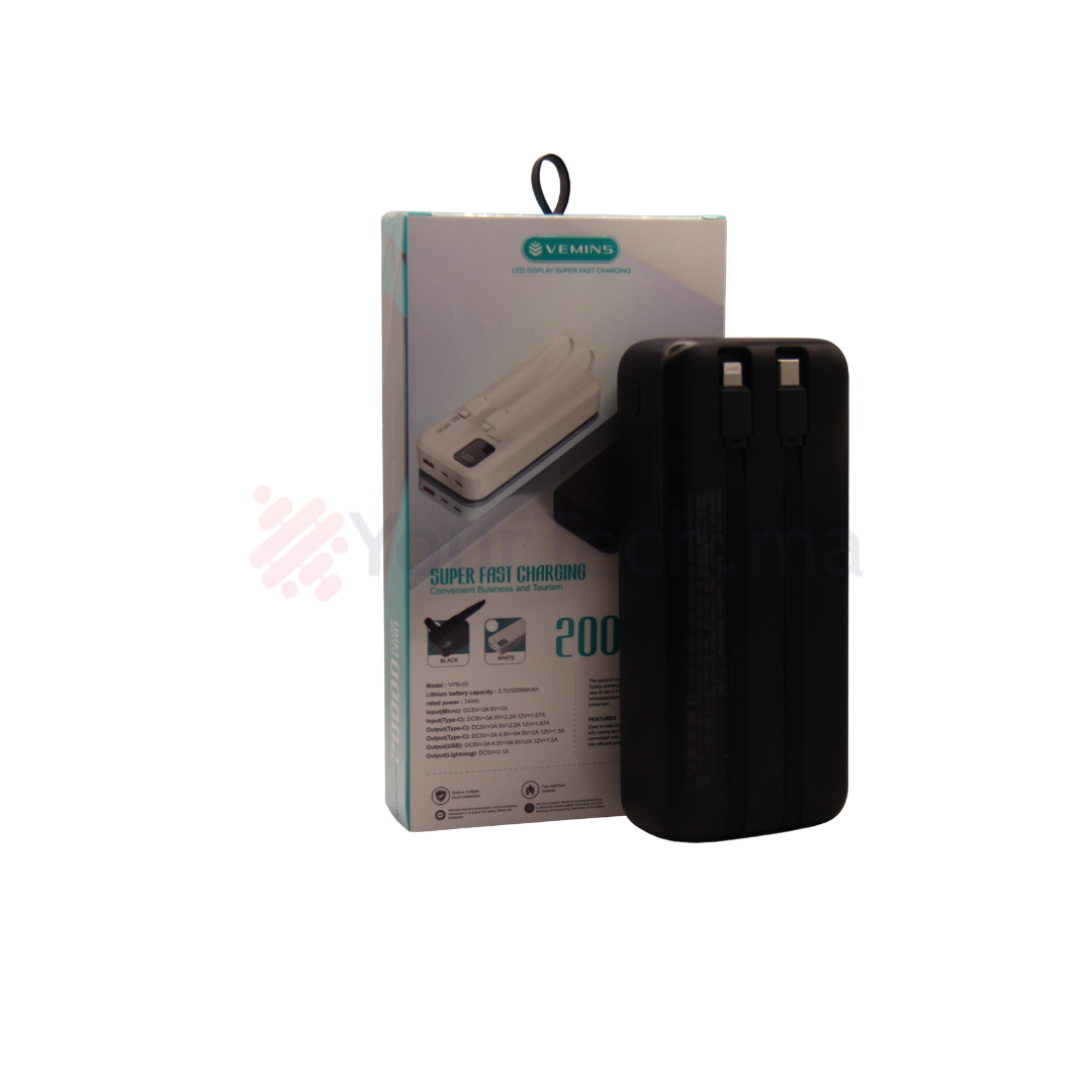 Power Bank 20000mAh Vemins VPB-03 - Charge Rapide 22.5W avec Écran LED