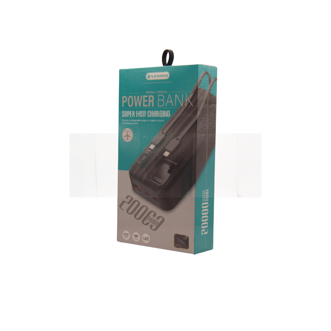 Power Bank 20000mAh Vemins VPB-03 - Charge Rapide 22.5W avec Écran LED