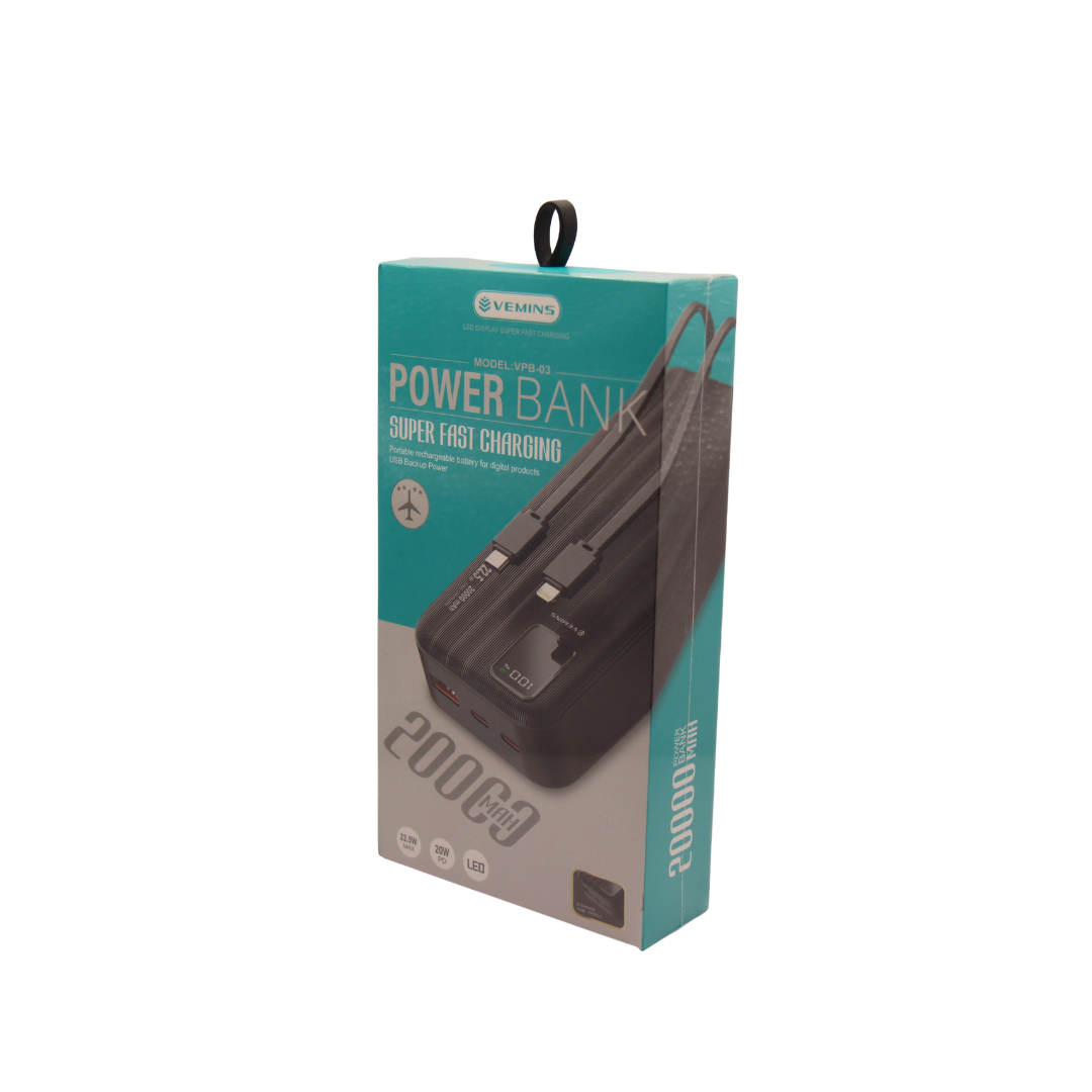 Power Bank 20000mAh Vemins VPB-03 - Charge Rapide 22.5W avec Écran LED