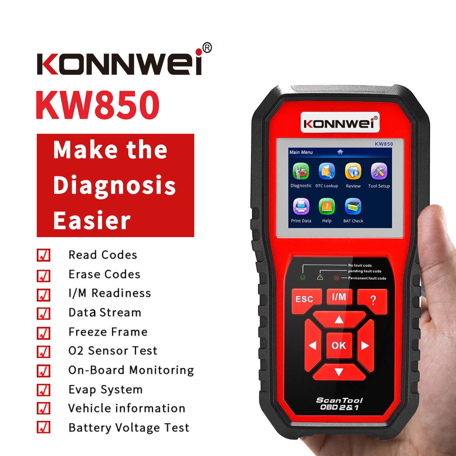 KW850 أداة تحليل كونووي المهنية OBD2