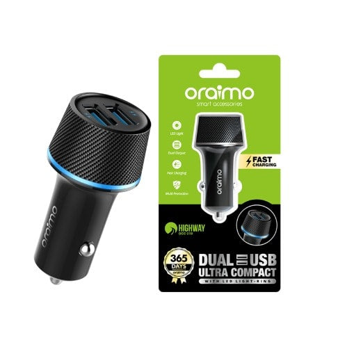 Chargeur de voiture Oraimo OCC-21D double usb ultra compact charge rapide avec lumière LED