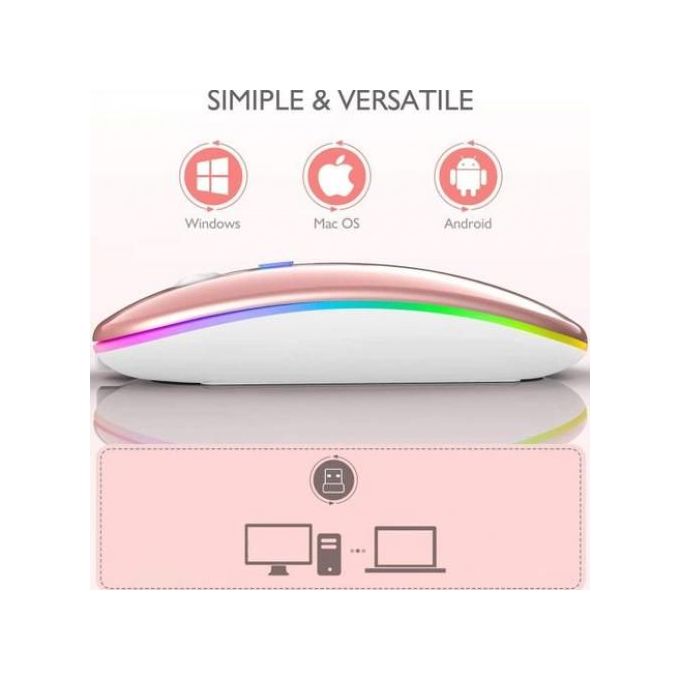 Azami Tech Souris Rose sans fil,rechargeable et silencieuse, éclairage LED RGB