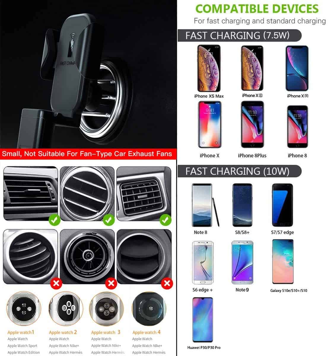 3 en 1 Qi chargeur de voiture sans fil évent, support de charge rapide sans fil support de téléphone de voiture pour Apple Watch / Airpods / iPhone 11 Pro Max / X / XR / XS Max et Samsung Galaxy S10 / S10 Plus Note9 / S9 / S8 / Note 10 Plus