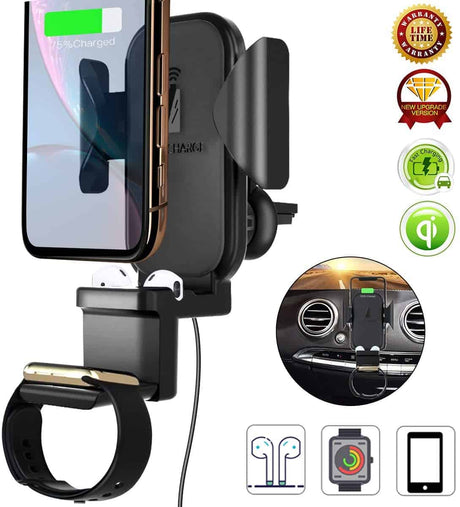 3 en 1 Qi chargeur de voiture sans fil évent, support de charge rapide sans fil support de téléphone de voiture pour Apple Watch / Airpods / iPhone 11 Pro Max / X / XR / XS Max et Samsung Galaxy S10 / S10 Plus Note9 / S9 / S8 / Note 10 Plus