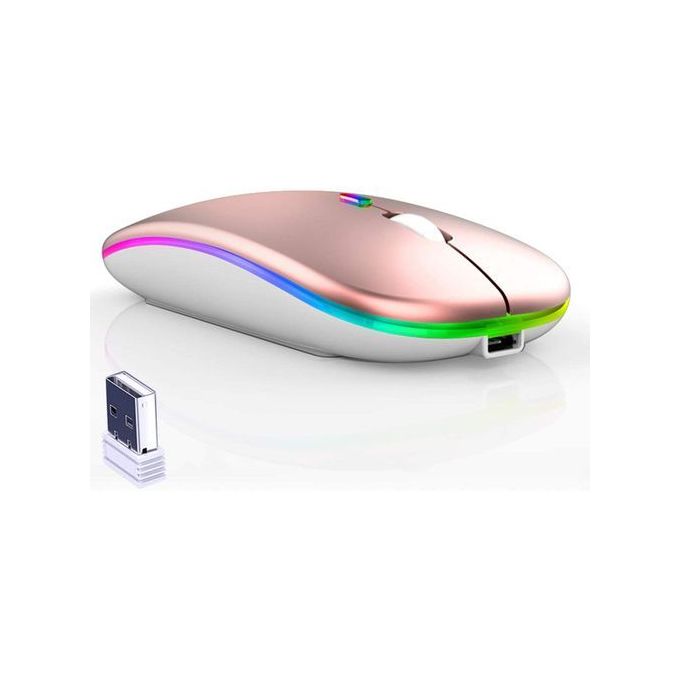 Azami Tech Souris Rose sans fil,rechargeable et silencieuse, éclairage LED RGB