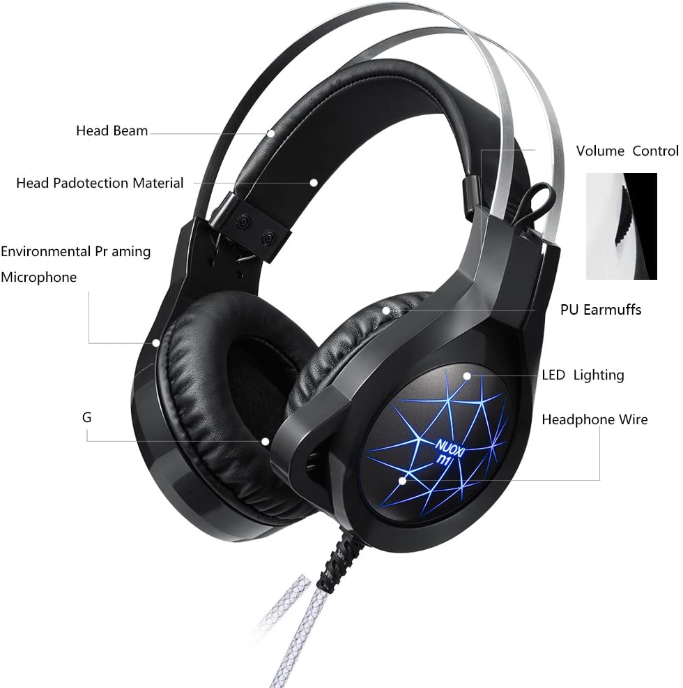 Casque de jeu NUOXI N1, isolation du bruit stéréo basse filaire de 3,5 mm avec microphone LED de respiration à 7 couleurs