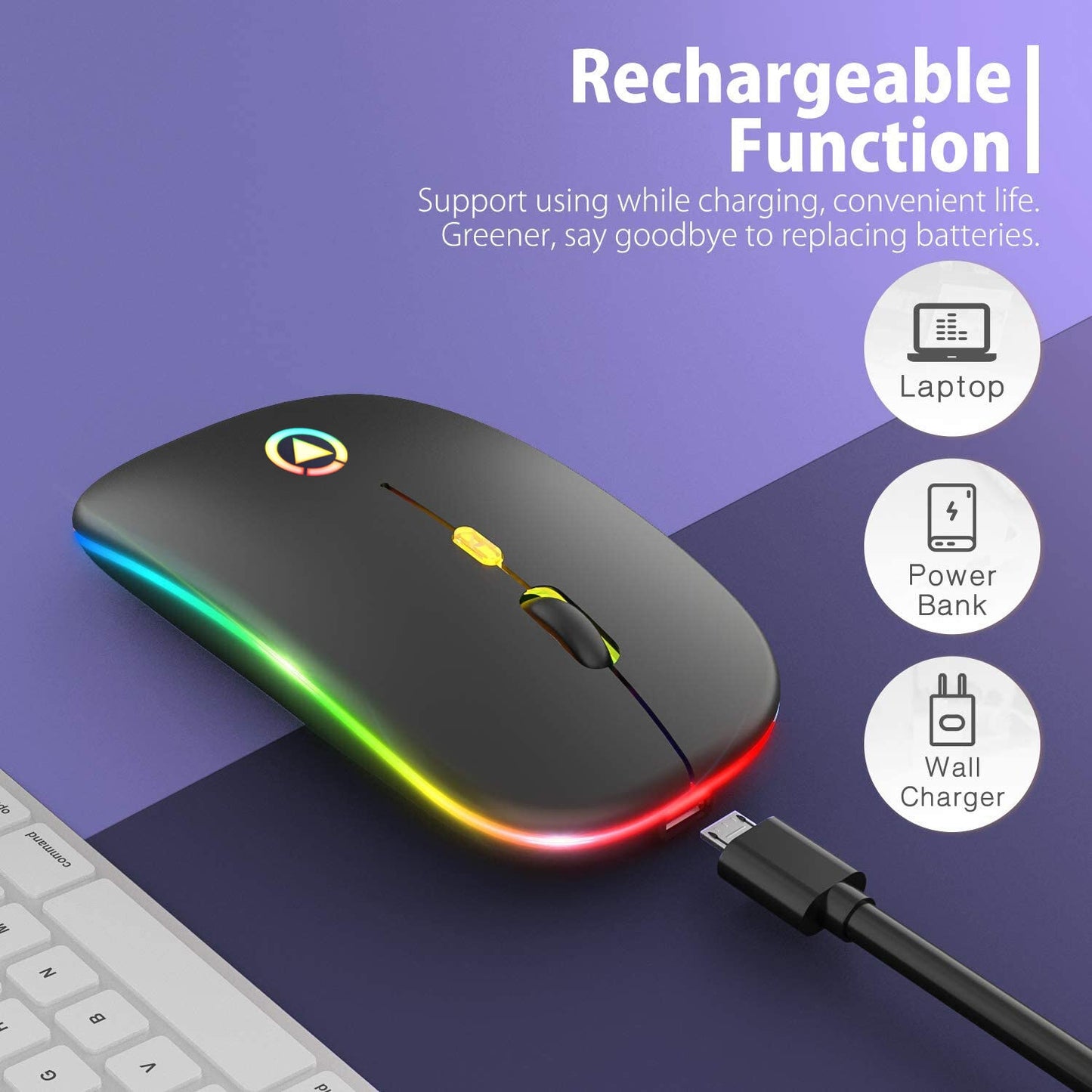 Azami Tech Souris Rose sans fil,rechargeable et silencieuse, éclairage LED RGB