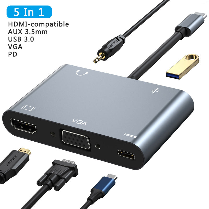 محور USB متعدد الوظائف 5 في 1 من نوع C إلى HDMI و VGA و USB 3.0 و PD و aux