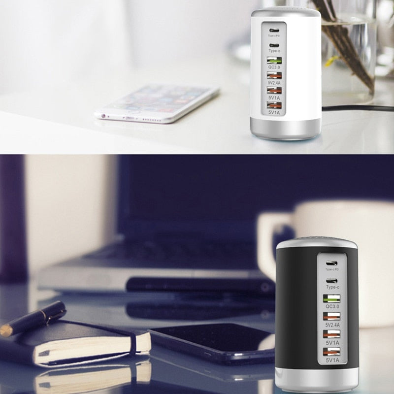 PD Charge Rapide Cylindrique 65W 6 ports USB QC3.0 Chargeur Type-C