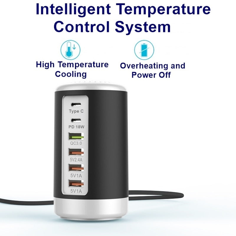 PD Charge Rapide Cylindrique 65W 6 ports USB QC3.0 Chargeur Type-C