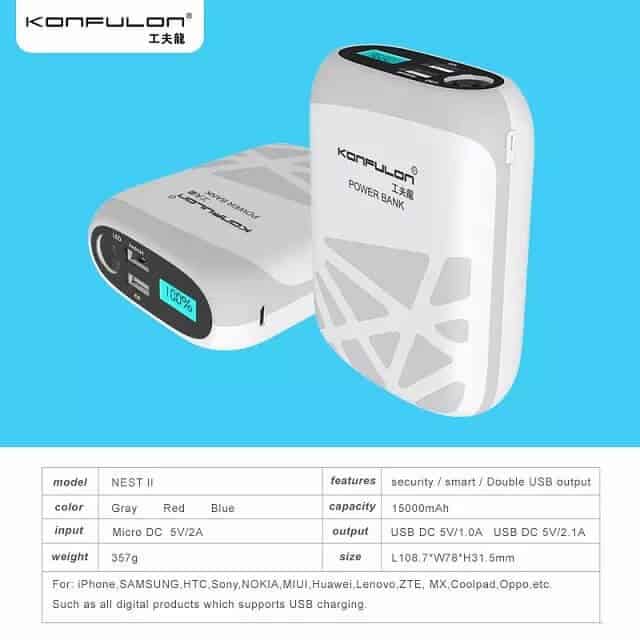 Original konfulon power bank 15000 mah 2.1A 2020 Nest III