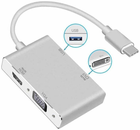 Adaptateur USB C vers HDMI, Hub USB 3.1 type C vers HDMI DVI 4K VGA Convertisseur USB (compatible Thunderbolt 3) 4 en 1 USB C Hub adaptateur pour MacBook/MacBook Pro 2016/2017/2018 et plus encore.