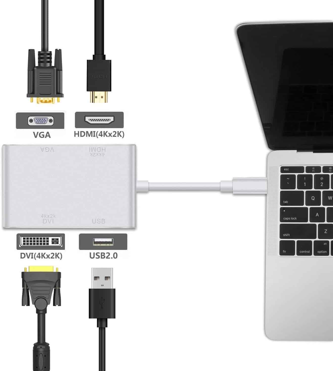 Adaptateur USB C vers HDMI, Hub USB 3.1 type C vers HDMI DVI 4K VGA Convertisseur USB (compatible Thunderbolt 3) 4 en 1 USB C Hub adaptateur pour MacBook/MacBook Pro 2016/2017/2018 et plus encore.
