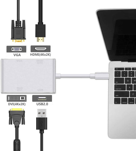 Adaptateur USB C vers HDMI, Hub USB 3.1 type C vers HDMI DVI 4K VGA Convertisseur USB (compatible Thunderbolt 3) 4 en 1 USB C Hub adaptateur pour MacBook/MacBook Pro 2016/2017/2018 et plus encore.