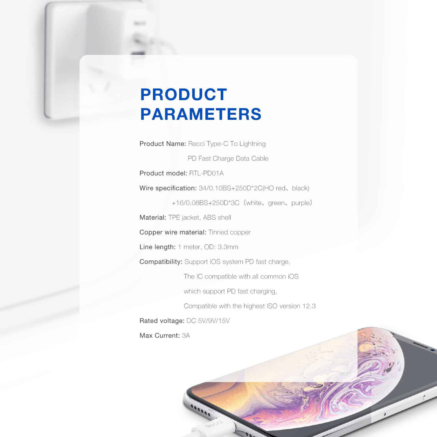 RECCI Type-C TO Lightning PD 18W Power Delivery Câble de charge rapide pour Iphone C