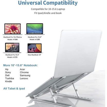 Support portable en aluminium argenté ajustable 6 points, léger, pliable pour PC 10-15.6"