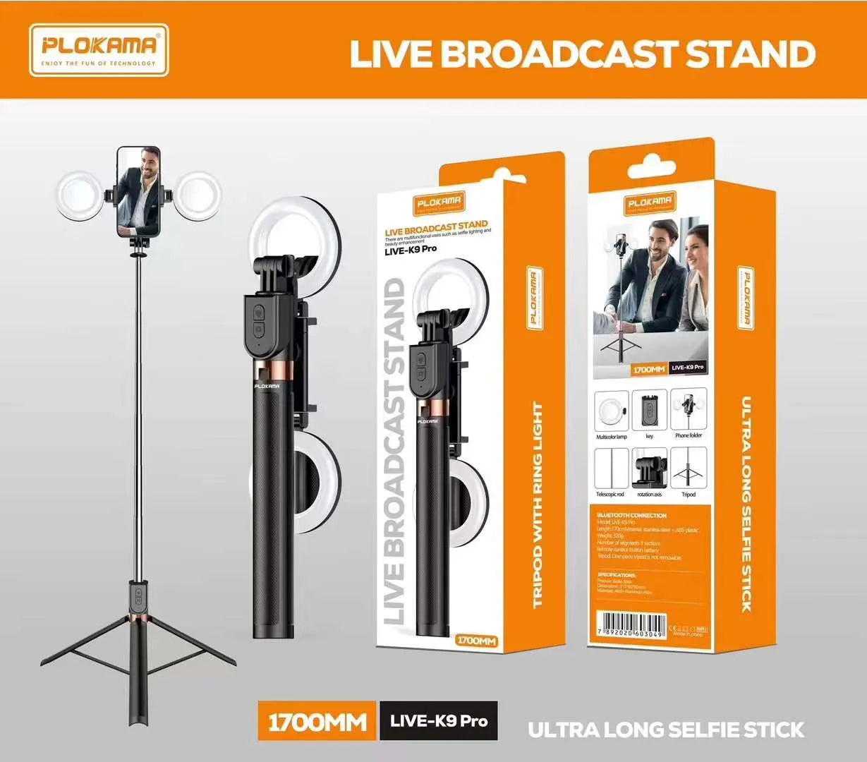 Trépied Selfie Stick K9 Pro Bluetooth 1,7m avec Lumière LED – 4 en 1, Télécommande, Portrait/Paysage