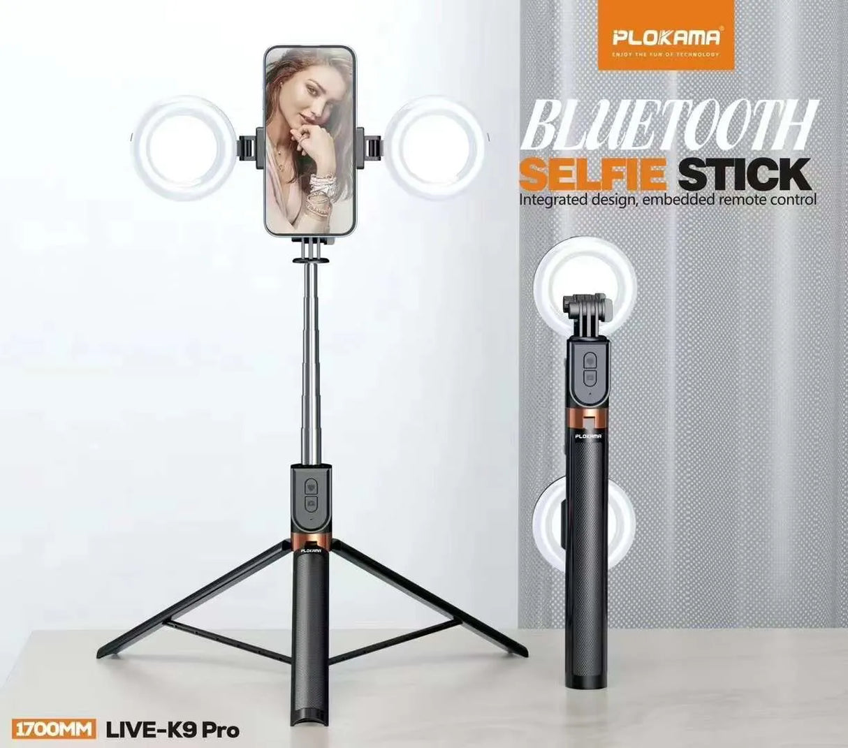 Trépied Selfie Stick K9 Pro Bluetooth 1,7m avec Lumière LED – 4 en 1, Télécommande, Portrait/Paysage