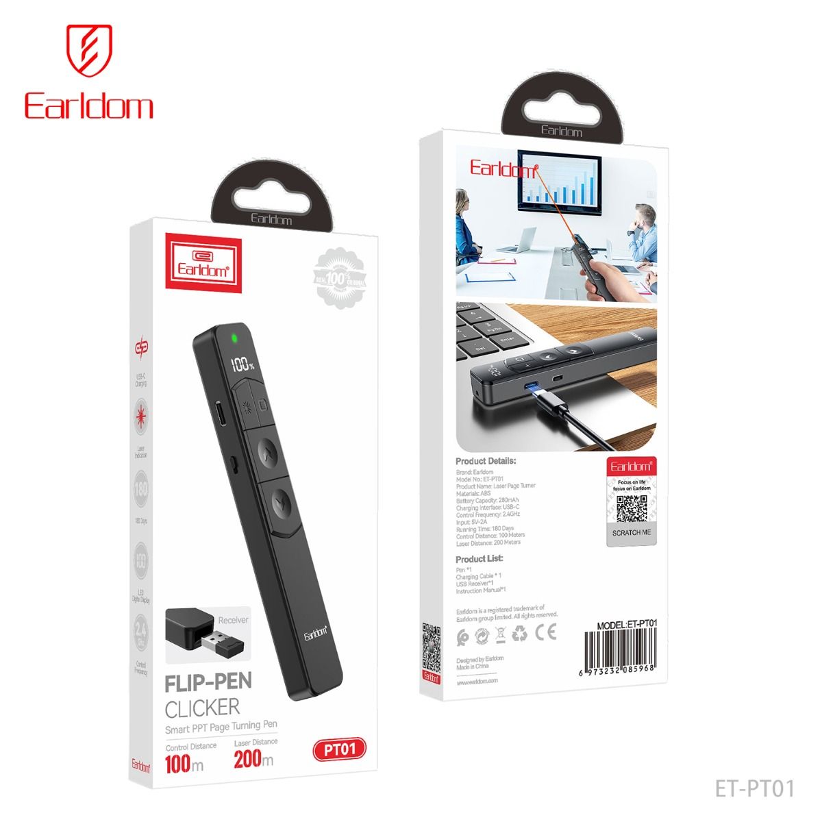 Pointeur de Présentation Earldom ET-PT01 Laser Rouge Sans Fil