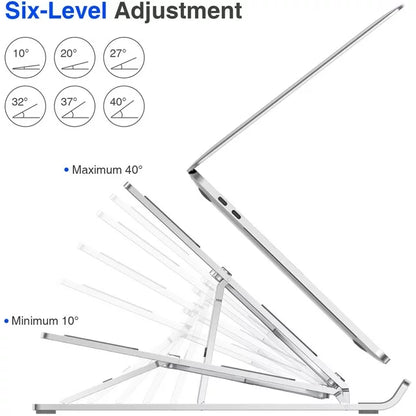 Support portable en aluminium argenté ajustable 6 points, léger, pliable pour PC 10-15.6"