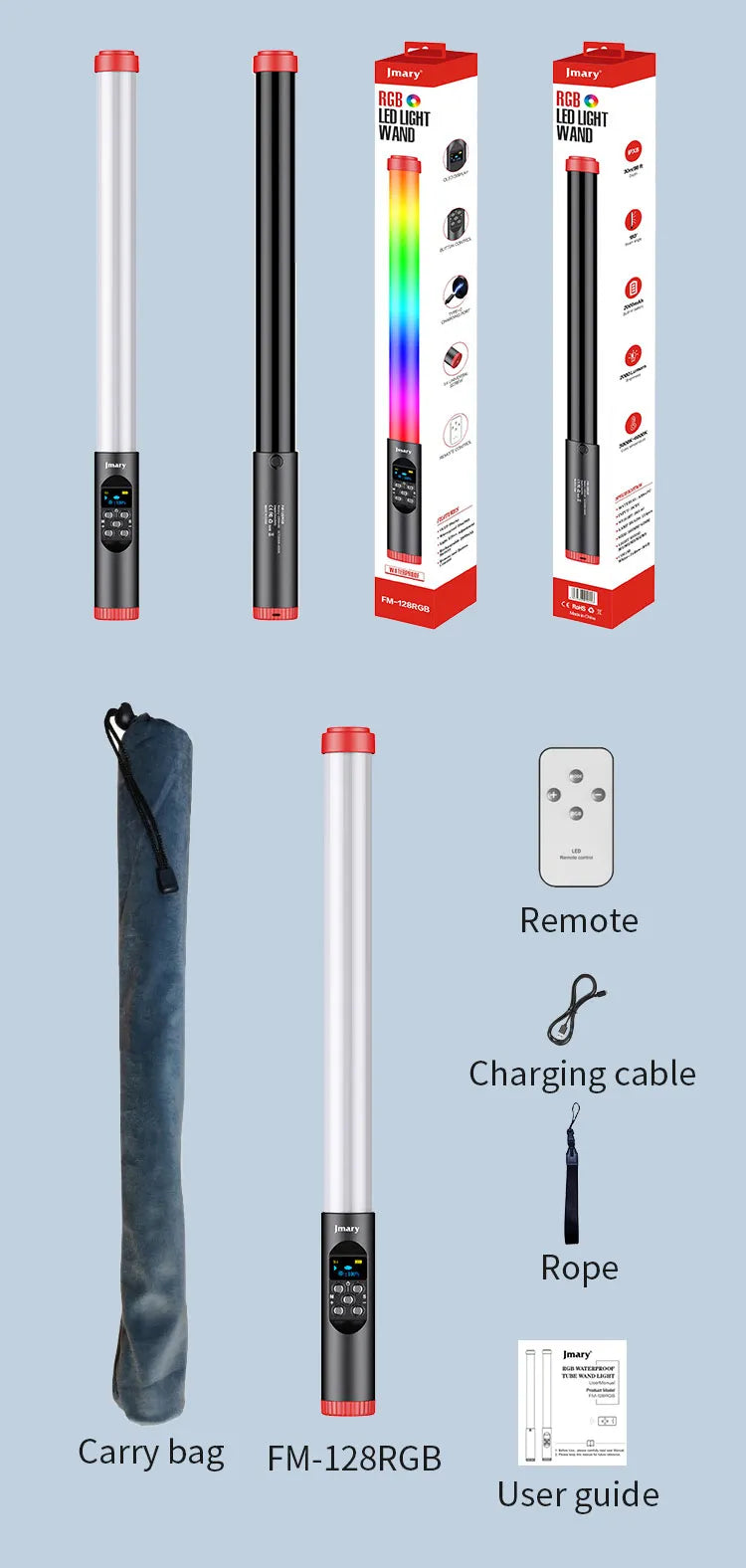 Jmary FM-128 RGB LED Light - Barre Lumineuse Étanche avec Écran OLED