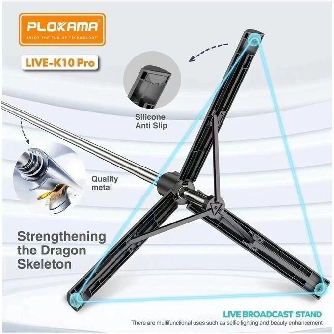 PLOKAMA Live K10 Pro – Perche Selfie & Trépied 200 cm Bluetooth LED