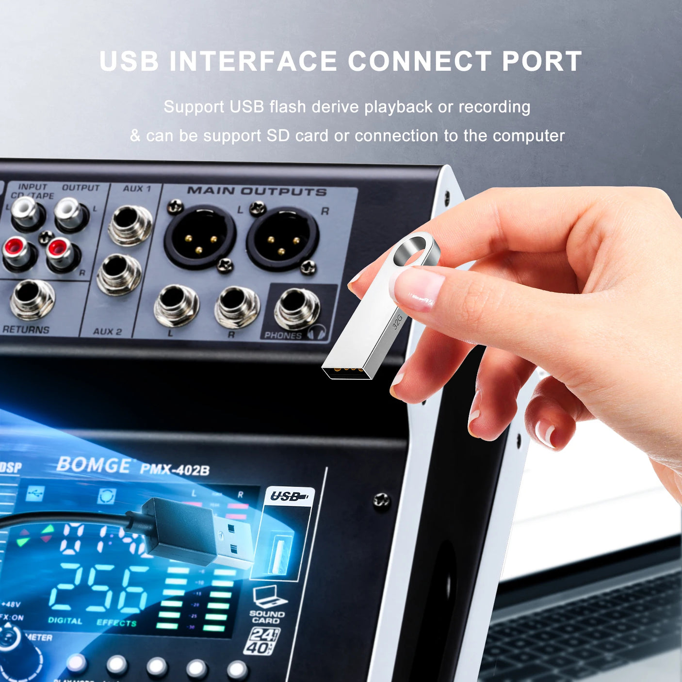 Mixer Audio 4 Canaux BOMGE 402B – 2x350W, Bluetooth, Studio & DJ