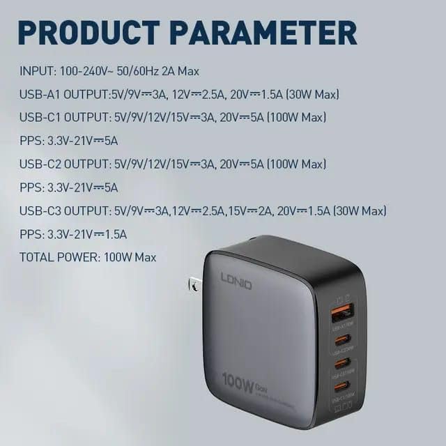 Chargeur GaN 100W LDNIO Q408 avec 4 Ports USB (3 Type-C + 1 USB-A)