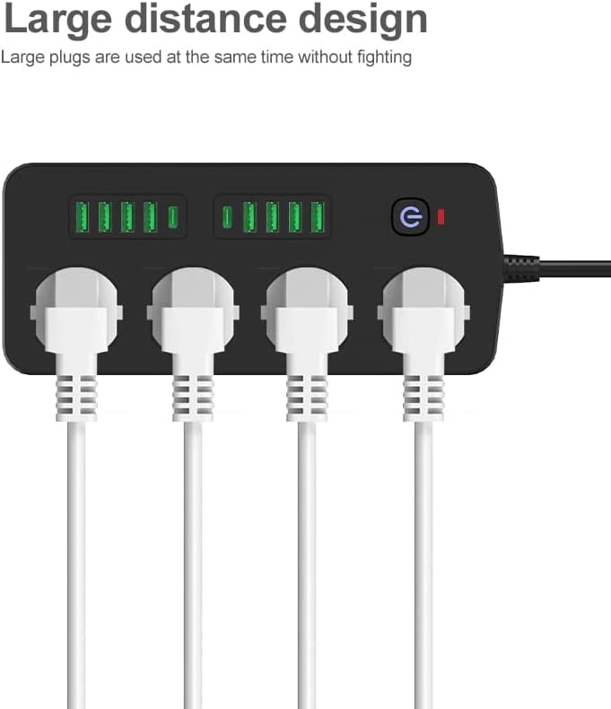 Chargeur multiprise 4 prises, 8 ports USB et 2 PD, protection surtension - Câble 2M