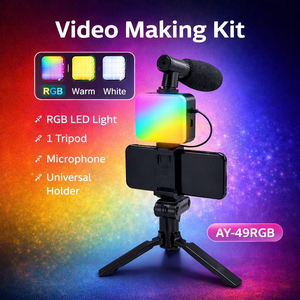 Kit vidéo smartphone avec micro, lumière LED RGB et trépied