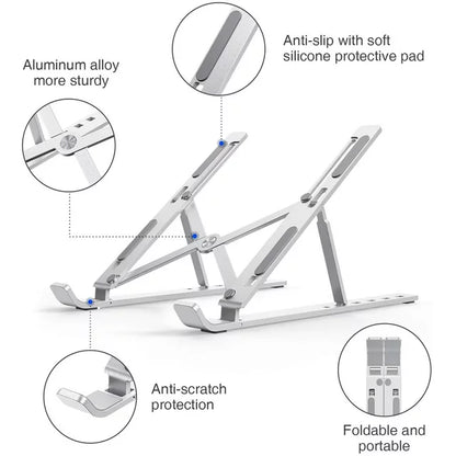 Support portable en aluminium argenté ajustable 6 points, léger, pliable pour PC 10-15.6"