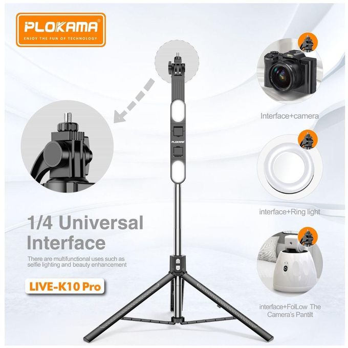 PLOKAMA Live K10 Pro – Perche Selfie & Trépied 200 cm Bluetooth LED