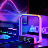 Lampe de Chevet Multifonction avec Réveil, Charge Sans Fil et Éclairage Tactile RGB