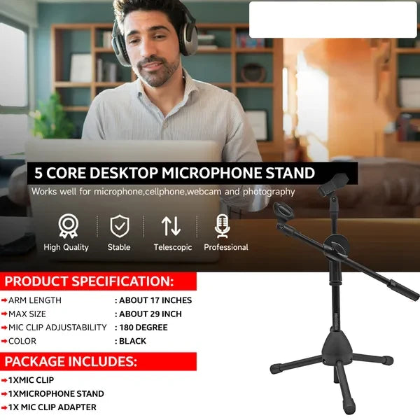 Support Micro de Bureau Réglable avec Bras Articulé – Trépied Stable