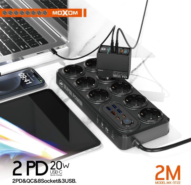 Rallonge Électrique 14-en-1 Moxom avec USB Rapide – 2M