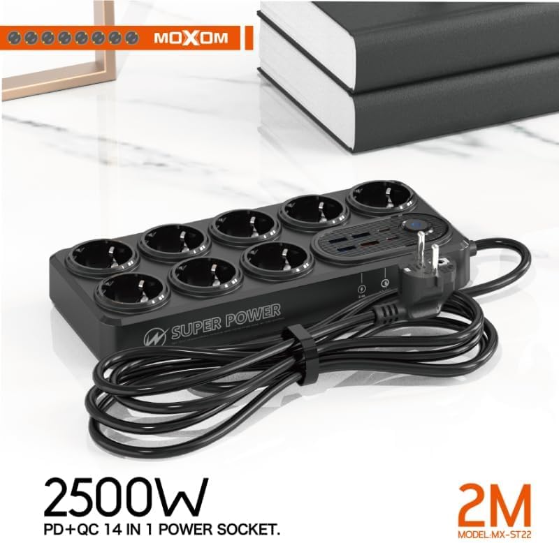 Rallonge Électrique 14-en-1 Moxom avec USB Rapide – 2M